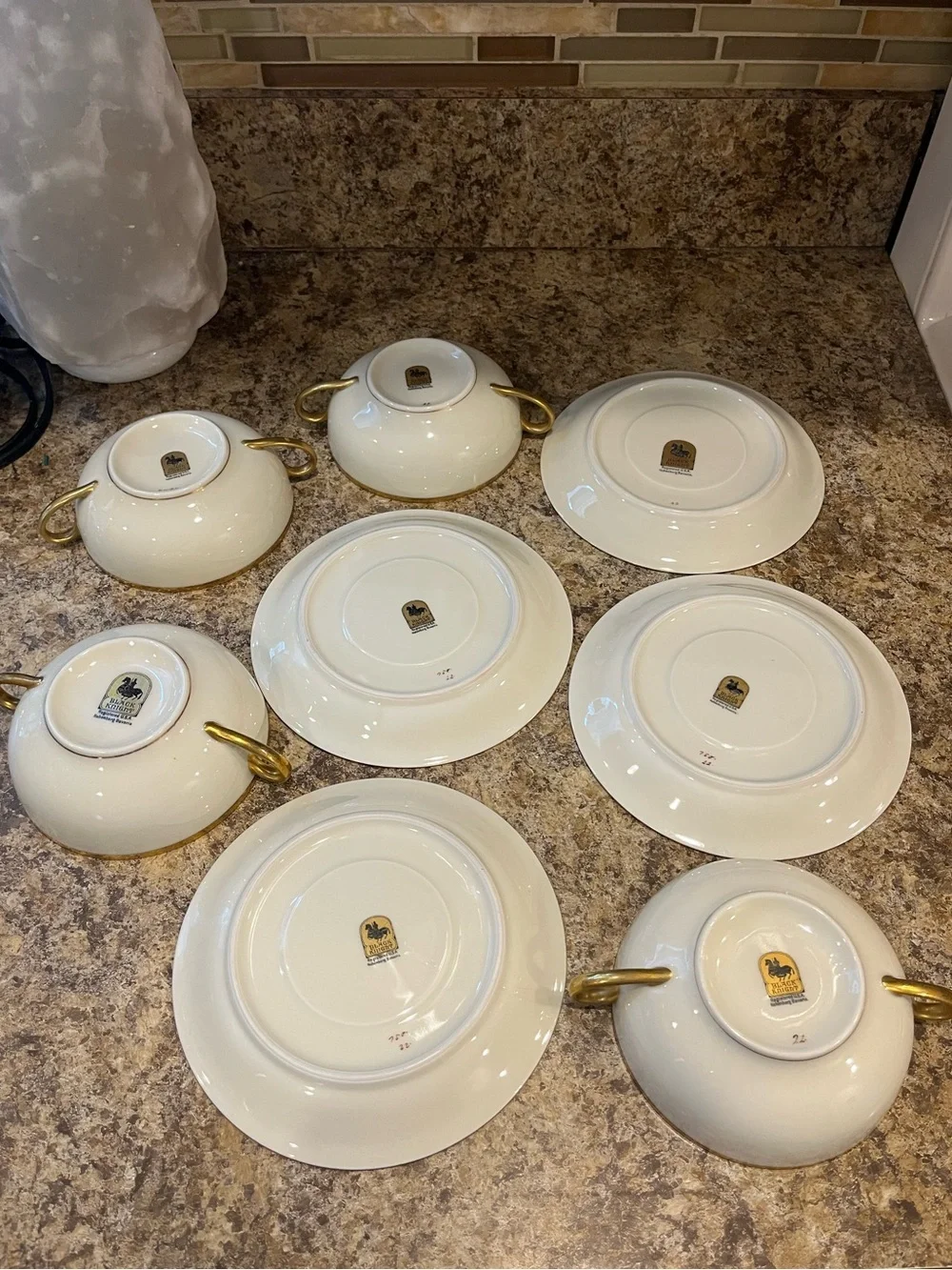 Black Knight Cream and Gold Trimmed Double-Handled Soup Cups with Saucers